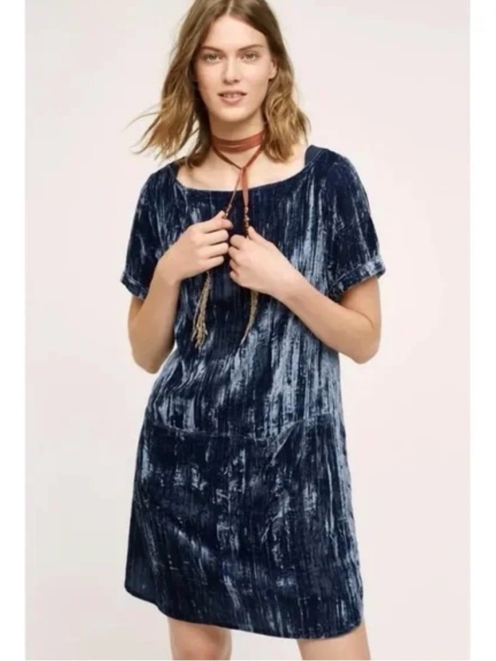 Floreat Anthropologie Blue Crinkle Crushed Velvet Short Sleeve Shift Dress